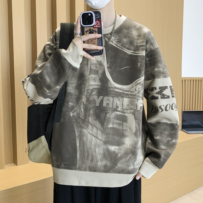 復古潮流迪桑羅紋個性圖案滿印設計感衛衣秋季男士寬鬆長袖套頭衫