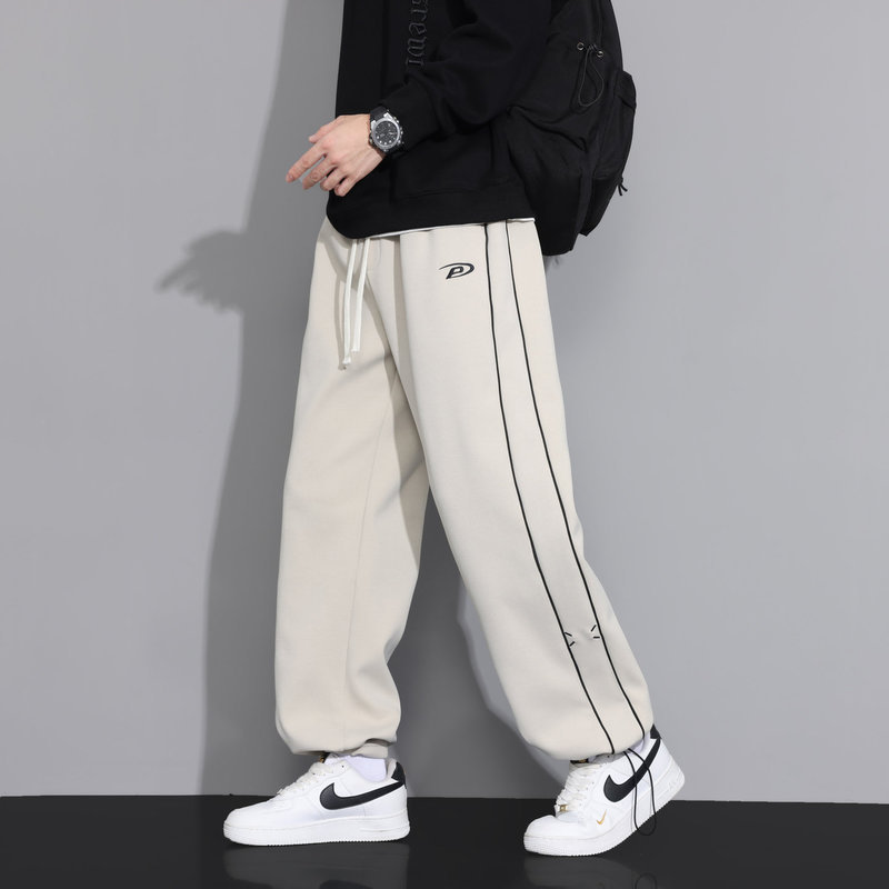時尚簡約立體條紋直筒束腳休閒褲男士鬆緊腰寬鬆闊腿衛褲