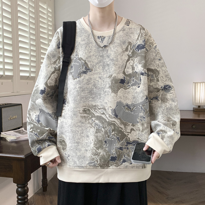 潮流復古羅紋特色滿印紮染設計感衛衣秋季男士寬鬆長袖套頭衫