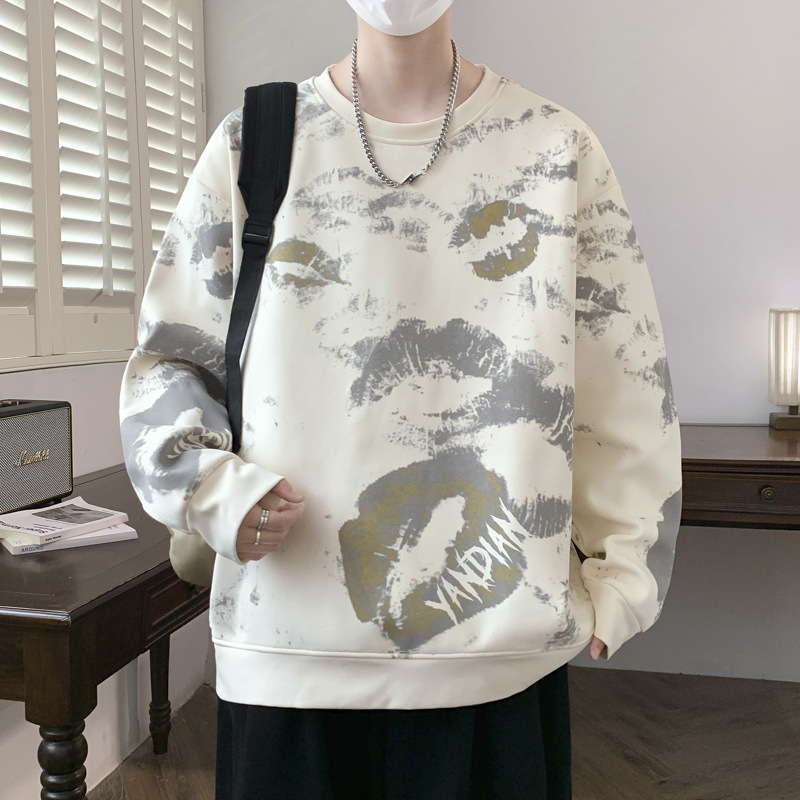復古潮流迪桑羅紋唇紋印花個性設計感衛衣秋季男士寬鬆長袖套頭衫