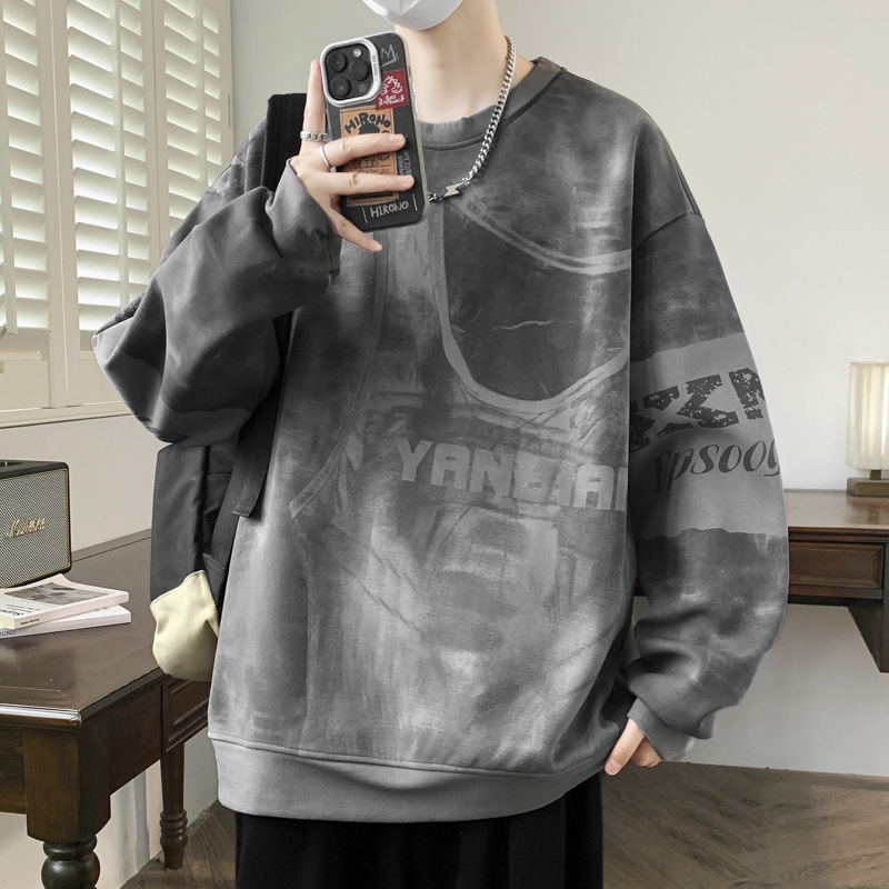 復古潮流迪桑羅紋個性圖案滿印設計感衛衣秋季男士寬鬆長袖套頭衫
