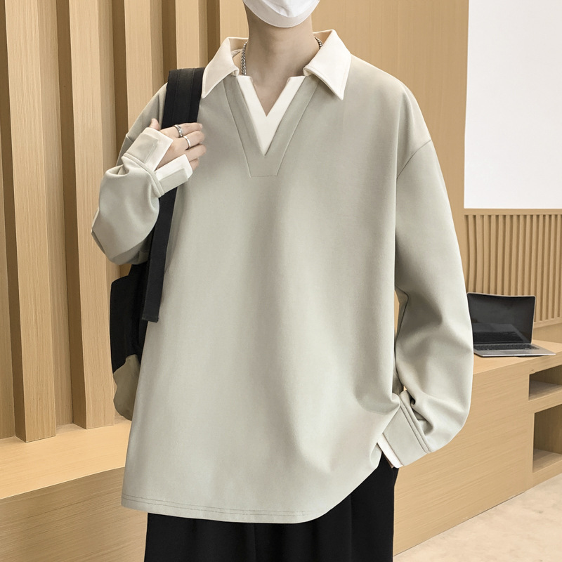 氣質拼色翻領假兩件設計感衛衣秋季男士帥氣潮流港風長袖套頭衫