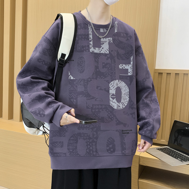 復古潮流滿印字母圖案設計感衛衣秋季男士寬鬆長袖套頭衫