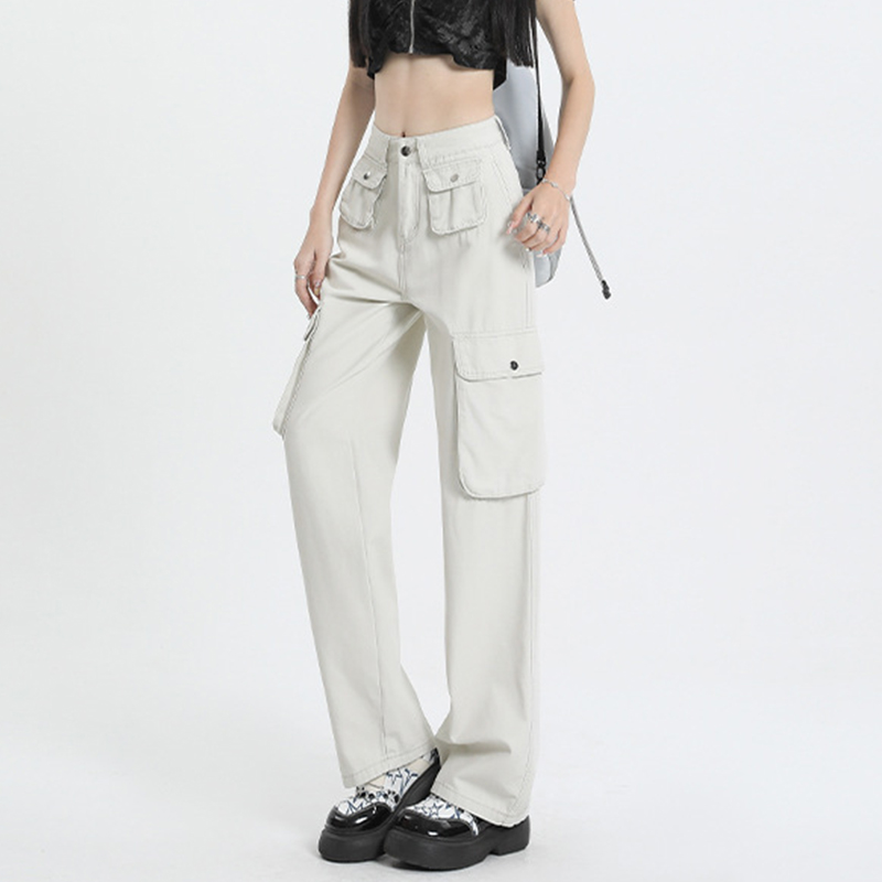 沙白色美式工裝褲女高腰復古寬鬆顯瘦直筒闊腿褲