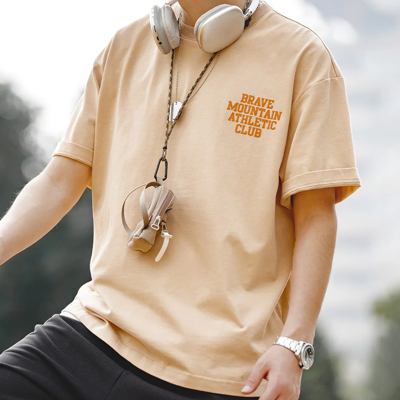 馬登工裝 美式休閑馬卡龍色短袖T恤植絨字母印花全棉圓領Tee