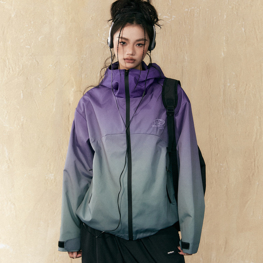 復古漸變色紫色衝鋒衣女戶外山系防水登山服連帽情侶外套
