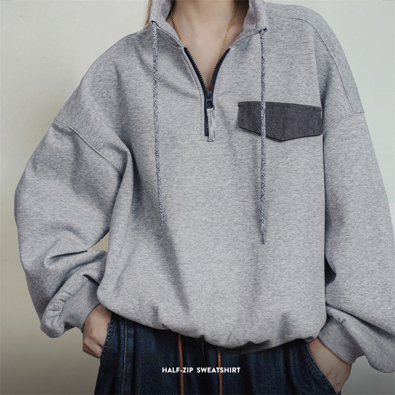 馬登女裝 半拉鍊套頭衛衣美式學院風立領上衣百搭廓形落肩長袖外套秋女