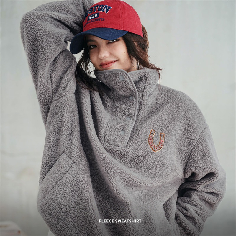 馬登女裝 美式加絨衛衣半開襟搖粒絨保暖外套抓絨套頭長袖衫秋冬