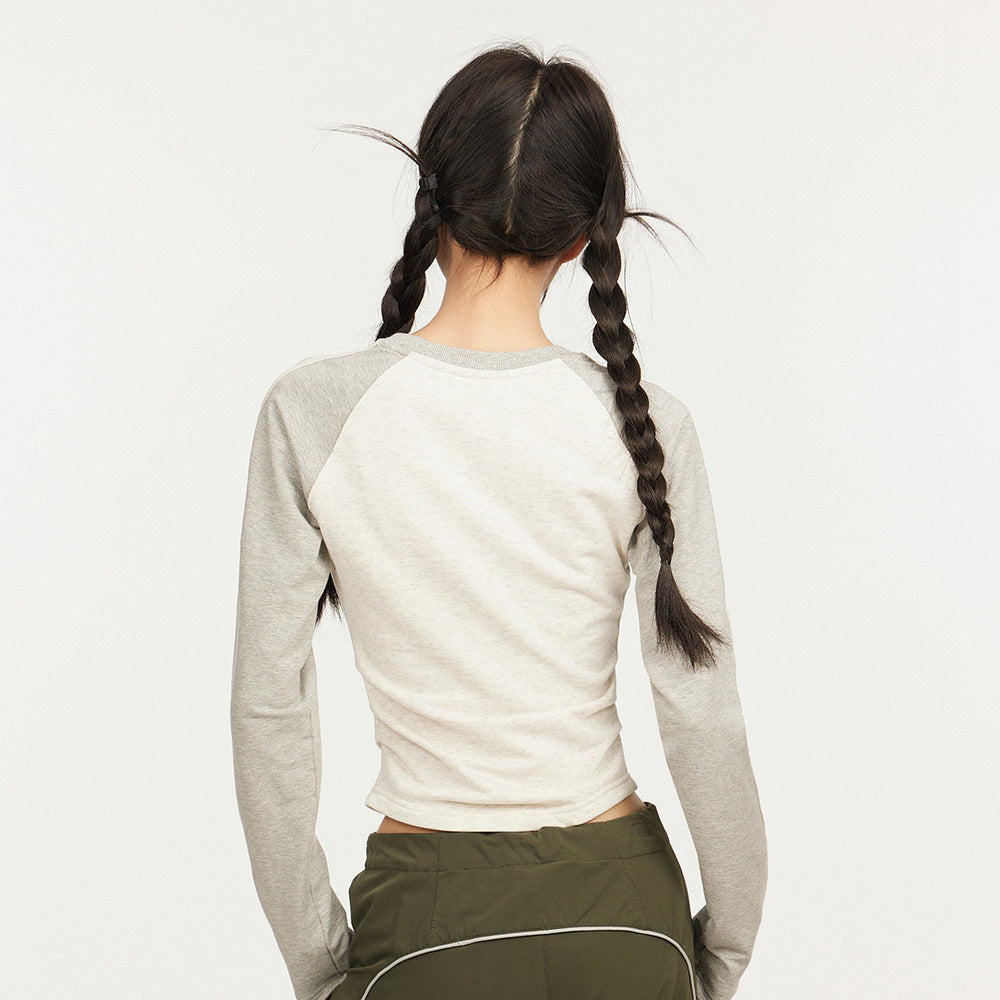 美式辣妹插肩長袖T恤女春秋季內搭打底修身顯瘦純棉上衣