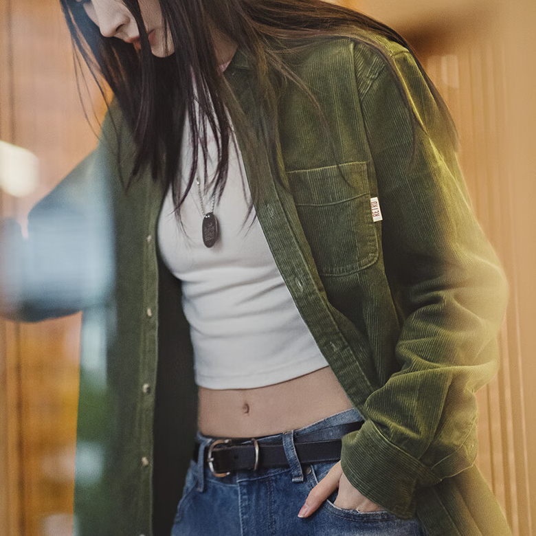 馬登女裝 美式復古燈芯絨襯衫寬鬆內搭休閒翻領長袖襯衣