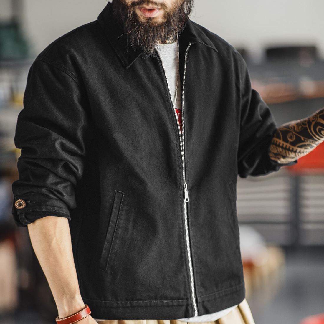 馬登工裝 美式教練夾克翻領痞帥硬挺重磅黑色純棉行政外套男秋冬