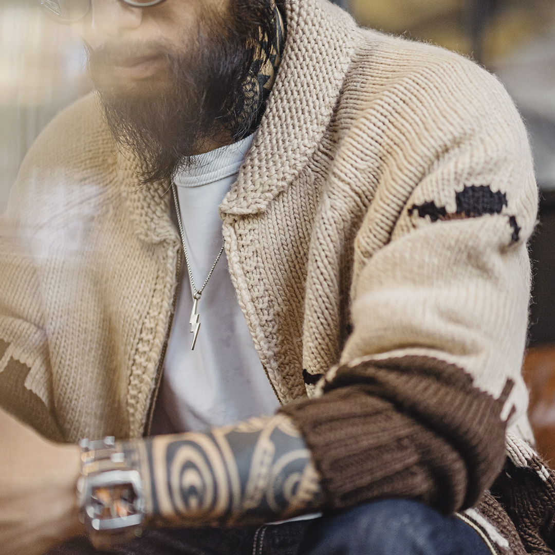 馬登工裝 美式復古刺繡青果領毛衣卡其色開衫老錢風毛衫外套男秋冬