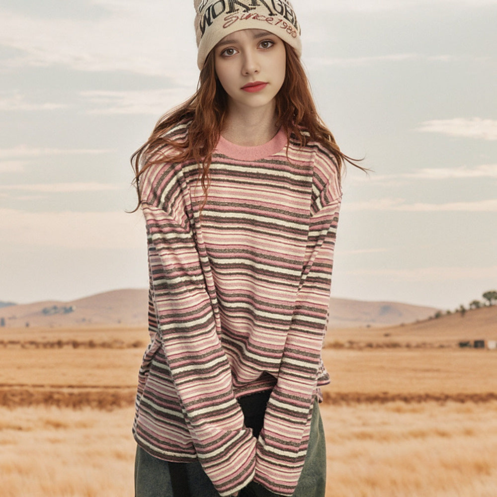 美式街頭復古拼接條紋長袖衛衣T恤女春秋寬鬆潮牌套頭上衣