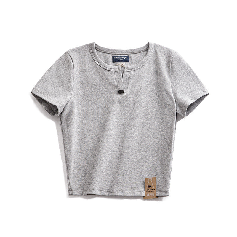 馬登女裝 美式亨利衫短袖正肩修身純棉T恤內搭打底衫短款辣妹上衣