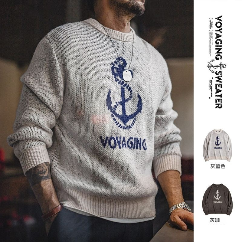 馬登工裝 美式復古針織船錨提花毛衣vintage套頭圓領打底衫秋冬