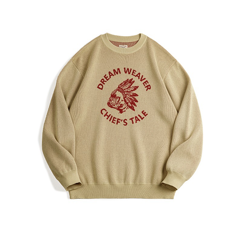 馬登工裝 美式復古仿亞麻字母撞色毛衣阿美哢嘰套頭圓領針織衫男秋冬