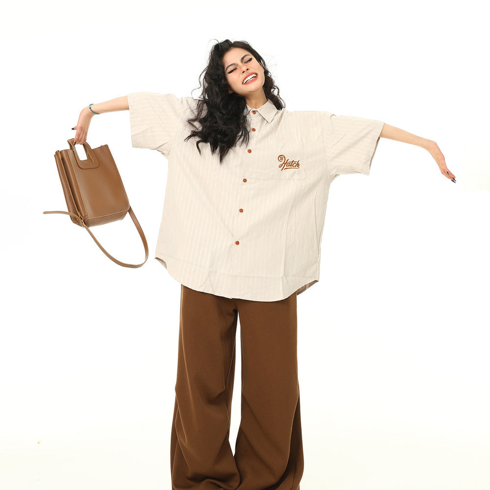 美式復古Vintage工裝短袖刺繡口袋襯衫女夏季百搭寬鬆情侶襯衣