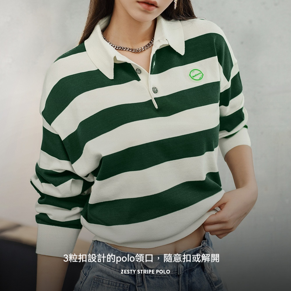 馬登女裝 復古撞色條紋Polo領長袖T恤針織休閒百搭上衣顯瘦打底衫秋女