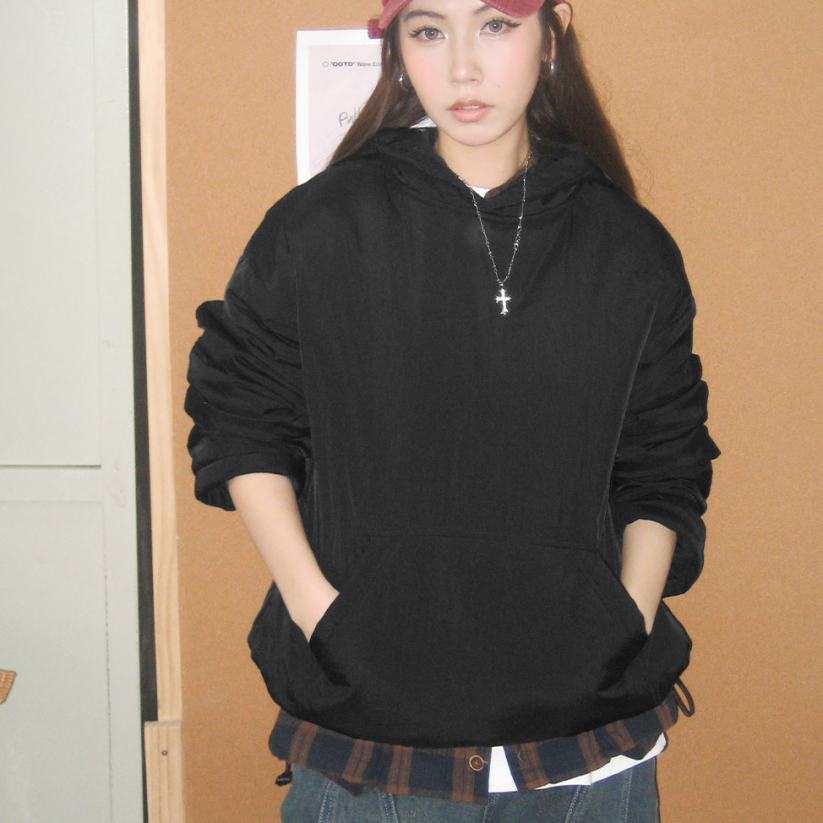 馬登女裝 黑白色寬鬆廓形加厚保暖套頭空氣絨棉服連帽衛衣夾克外套秋冬