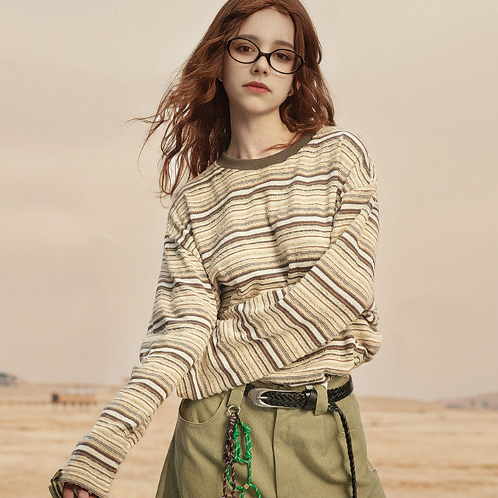 美式街頭復古拼接條紋長袖衛衣T恤女春秋寬鬆潮牌套頭上衣