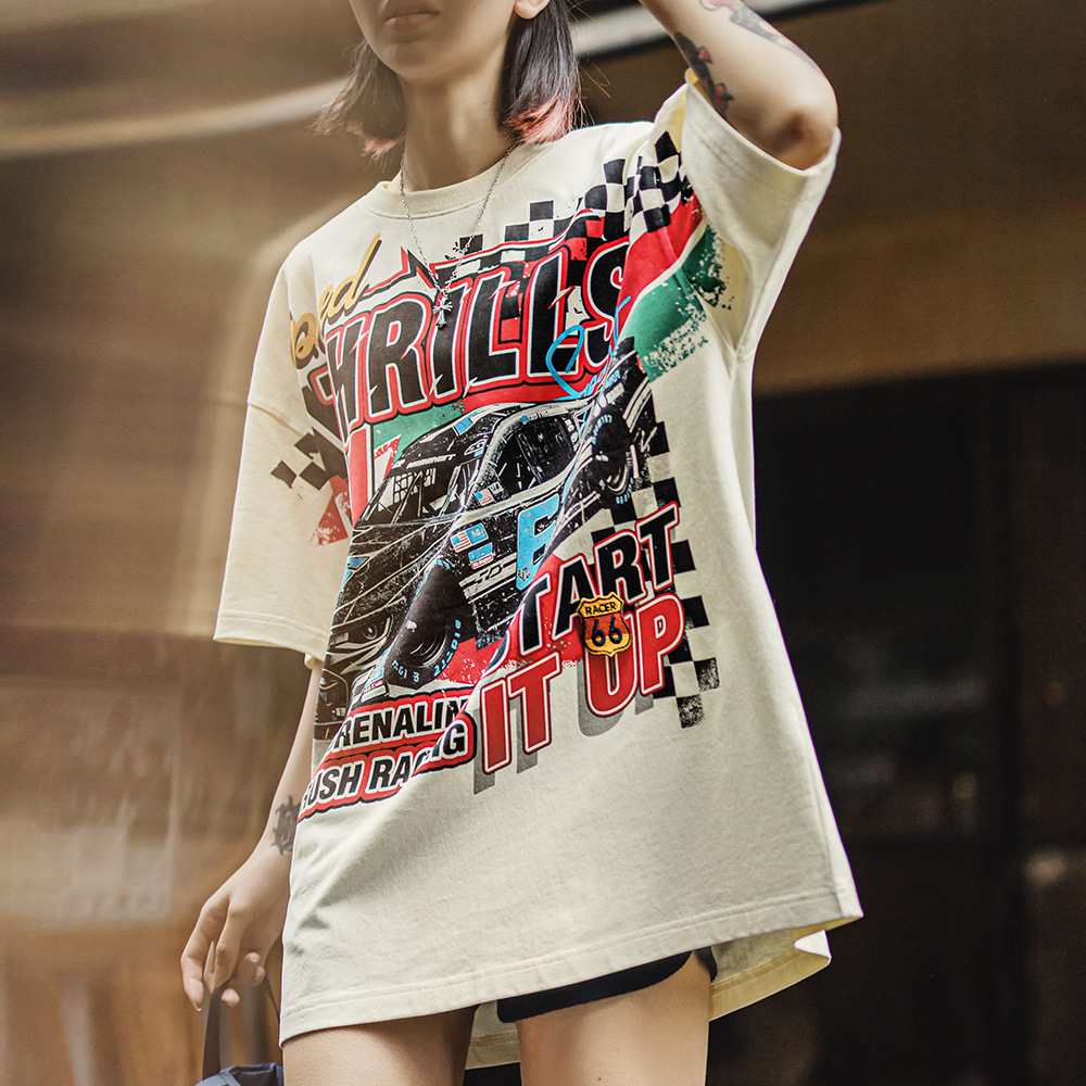 馬登女裝 復古Oversize賽車插畫落肩T恤高街慵懶寬鬆遮肉純棉短袖夏女