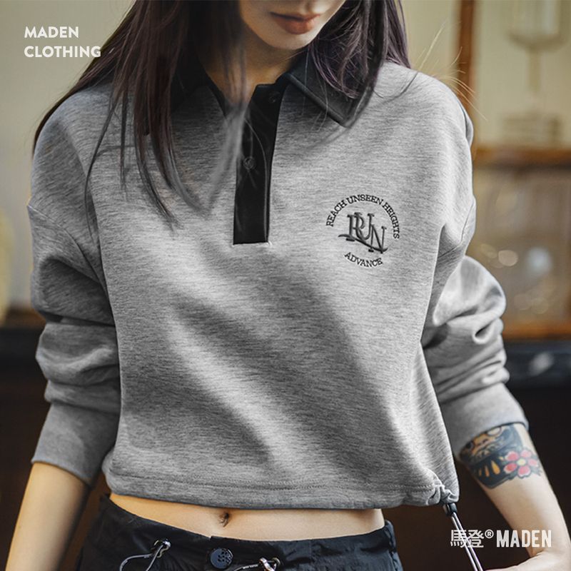 馬登女裝 復古格雷系空氣層運動Polo領衛衣健身長袖春季上衣