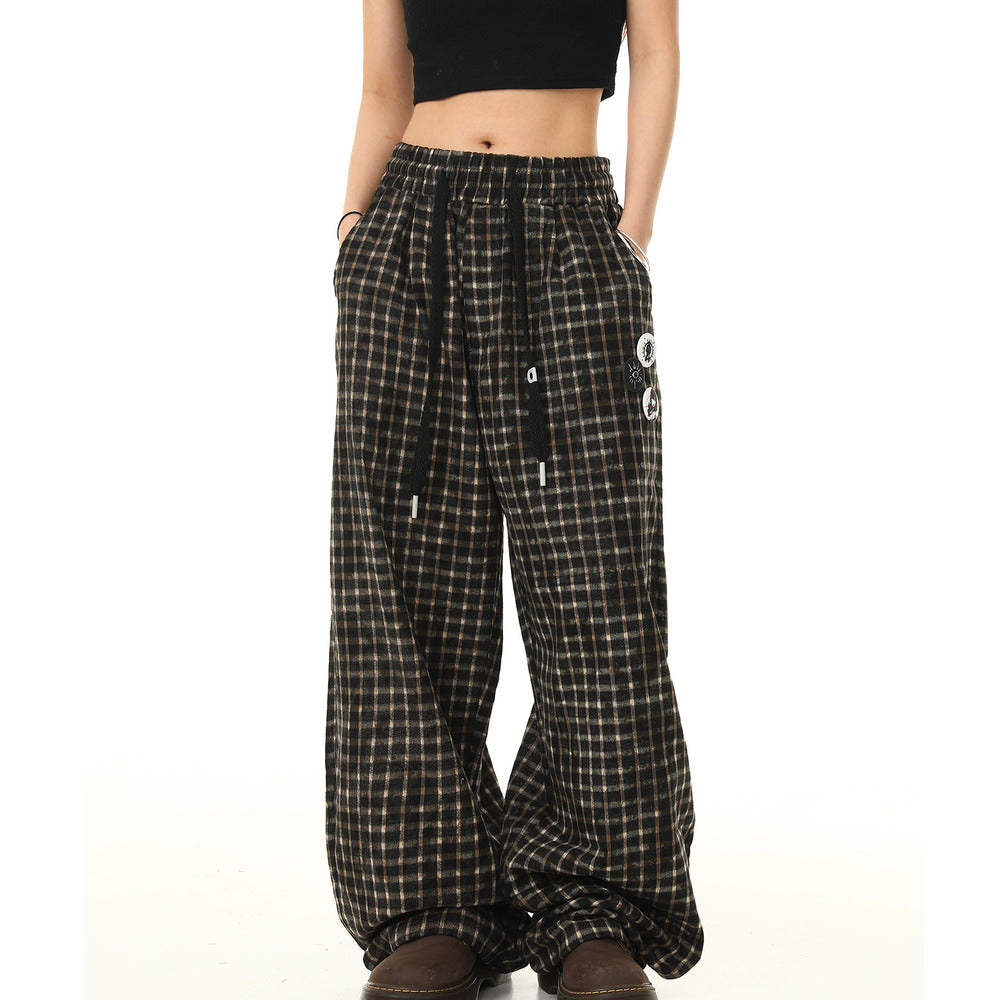 美式復古格子褲寬鬆垂感闊腿休閒褲鬆緊腰抽繩潮牌長褲