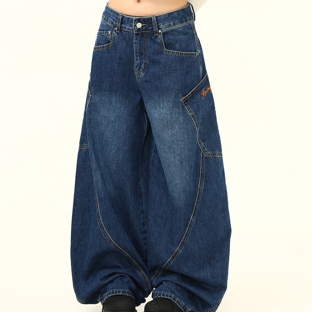 小眾設計感大口袋彎刀牛仔褲美式街頭潮牌辣妹拖地褲子