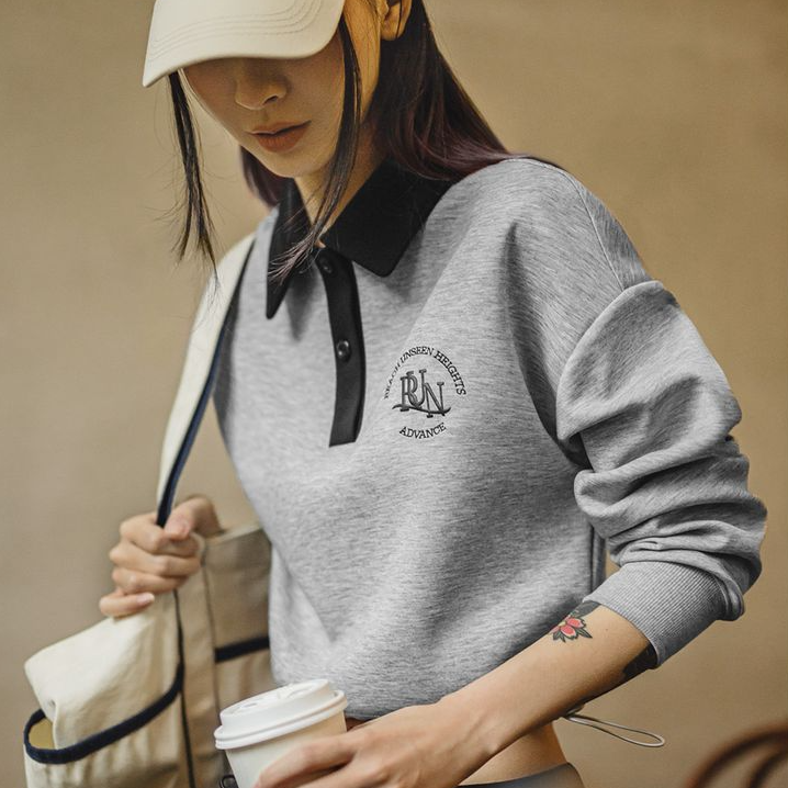 馬登女裝 復古格雷系空氣層運動Polo領衛衣健身長袖春季上衣