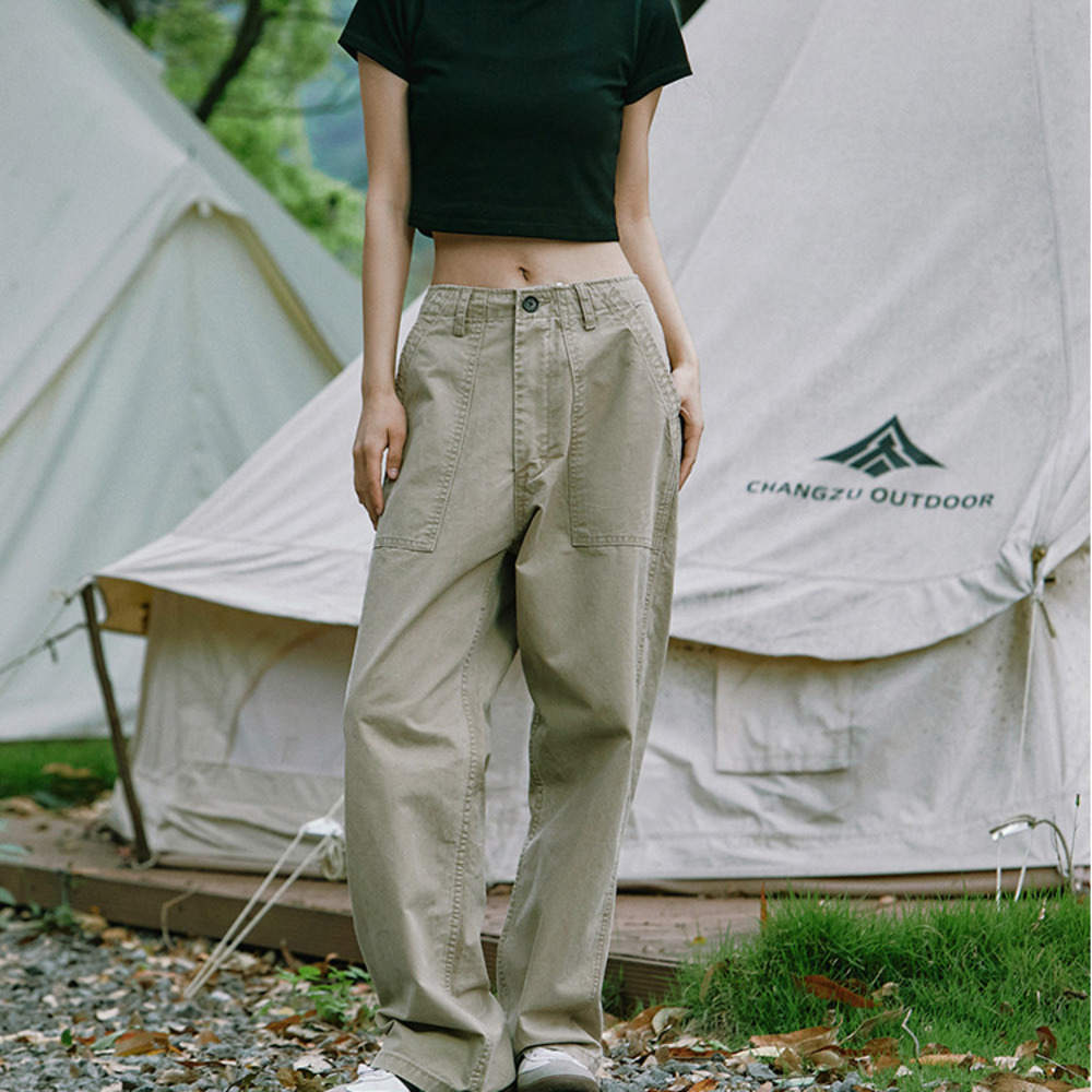 美式復古卡其色直筒工裝褲女百搭休閒褲寬鬆水洗闊腿褲