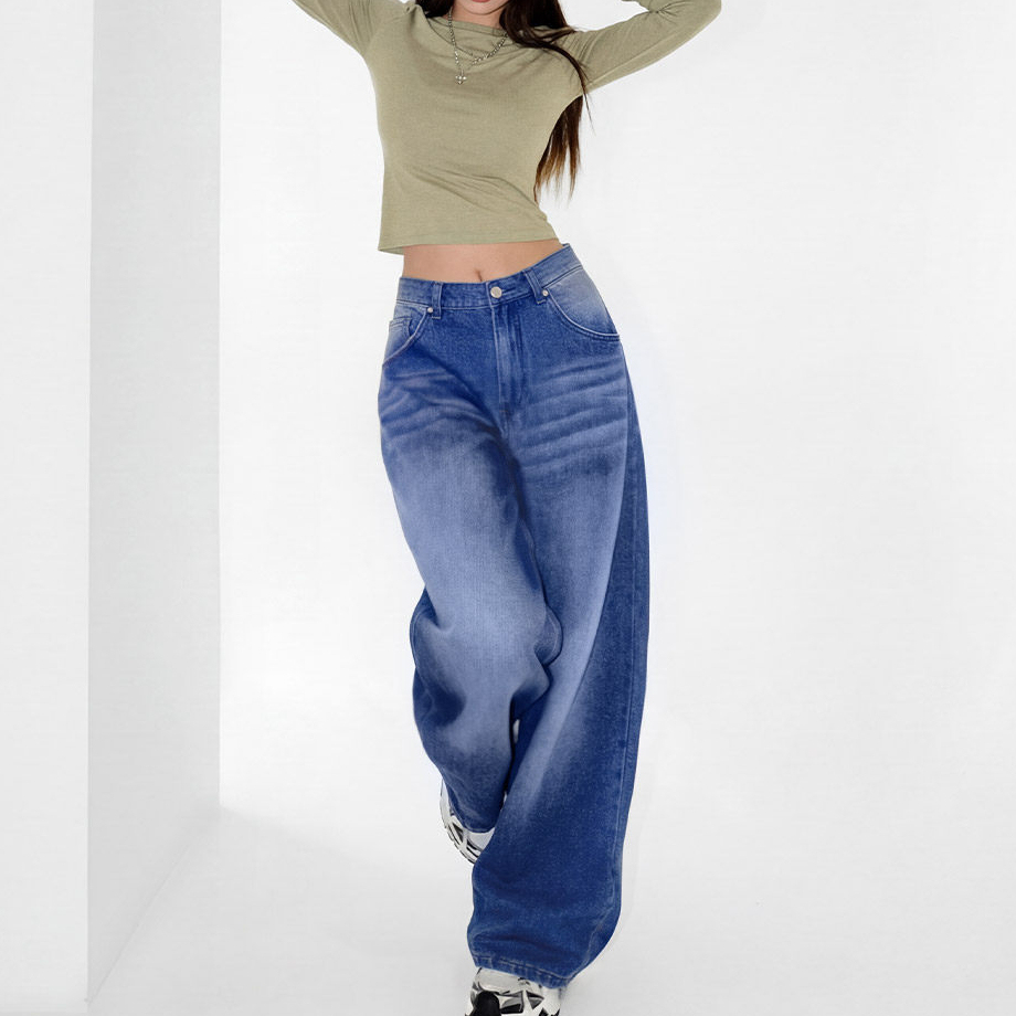 馬登女裝 丹寧深藍色復古直筒闊腿水洗牛仔褲純棉拖地長褲春秋
