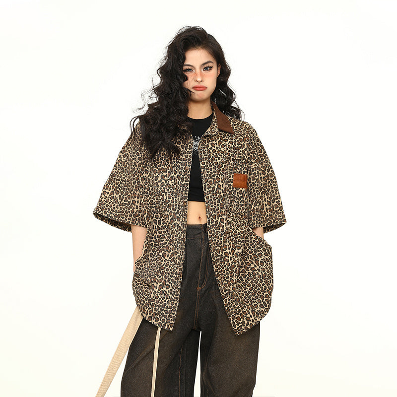 美式復古街頭潮流豹紋短袖襯衫個性休閒翻領襯衣外套