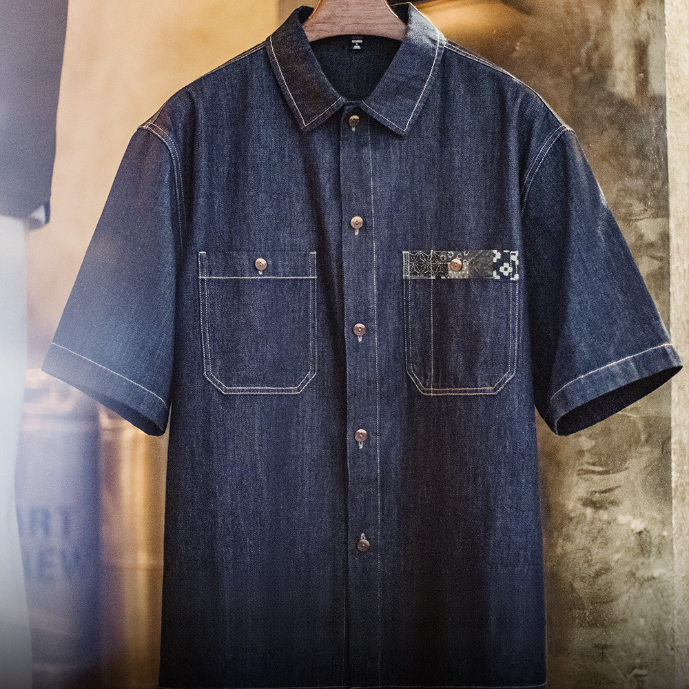 馬登工裝 美式復古Boro丹寧回潮牛仔襯衣日系藍染翻領襯衫外套