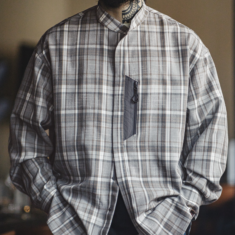 馬登工裝 美式復古立領格子襯衫Cleanfit混紡休閒長袖襯衣男秋