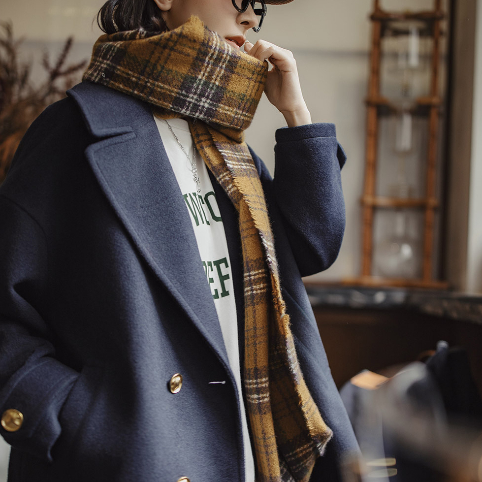 馬登女裝 藍色復古中長款絨面外套加厚保暖重磅雙排扣毛呢子大衣女士秋冬