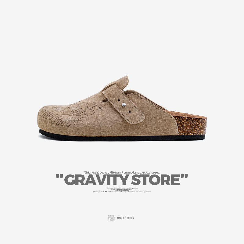 馬登女裝 插畫版穆勒鞋室外軟木休閒包頭凉拖鞋外穿釣魚懶人厚底鞋