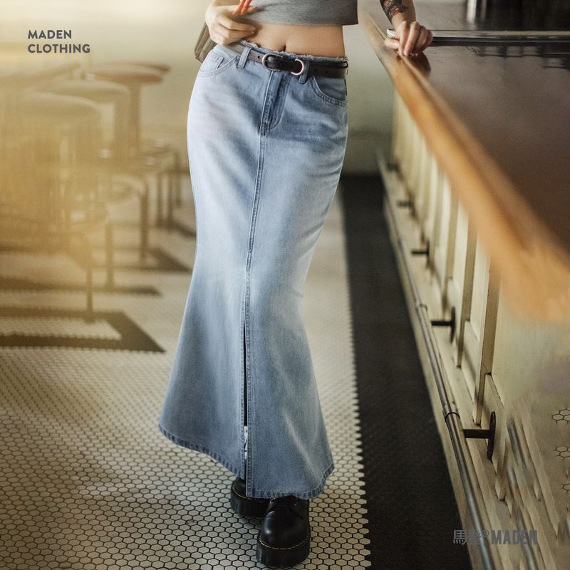 馬登女裝 水洗藍色做舊復古牛仔長款開叉包臀顯瘦魚尾半身裙子早秋