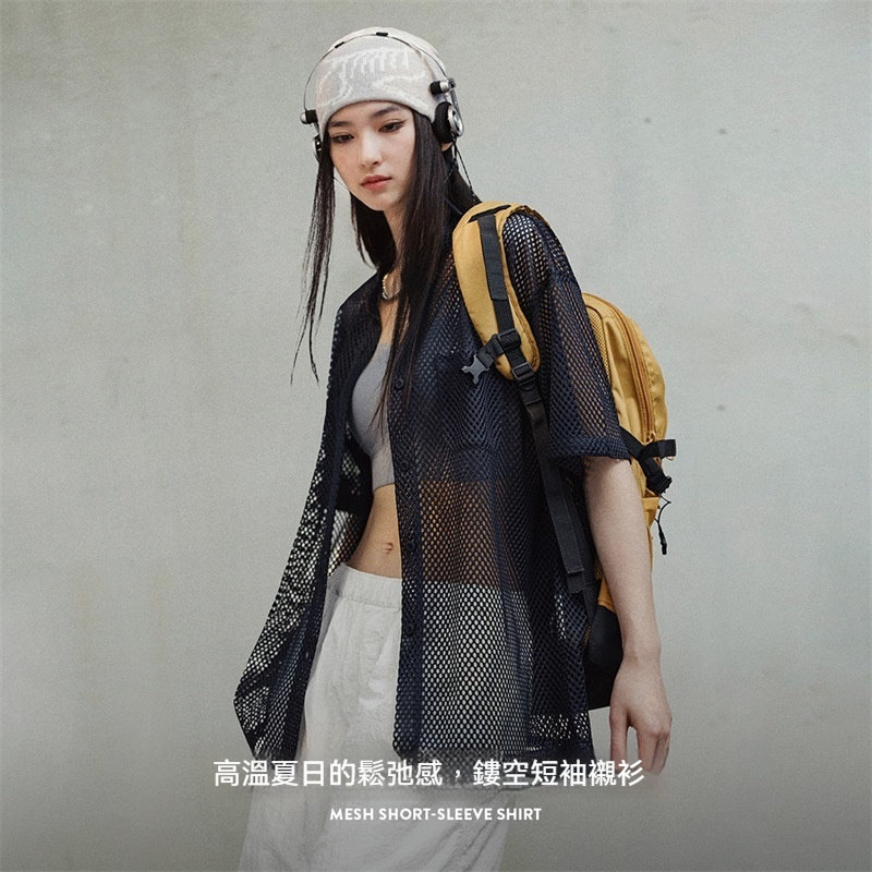 馬登女裝 鏤空網眼短袖襯衫小眾設計感薄款襯衣寬鬆顯瘦開衫外套女夏