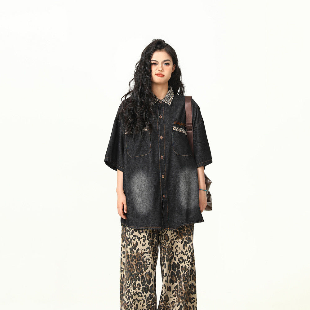 高級感豹紋拼接美式復古水洗牛仔短袖襯衫BF工裝學院風襯衣