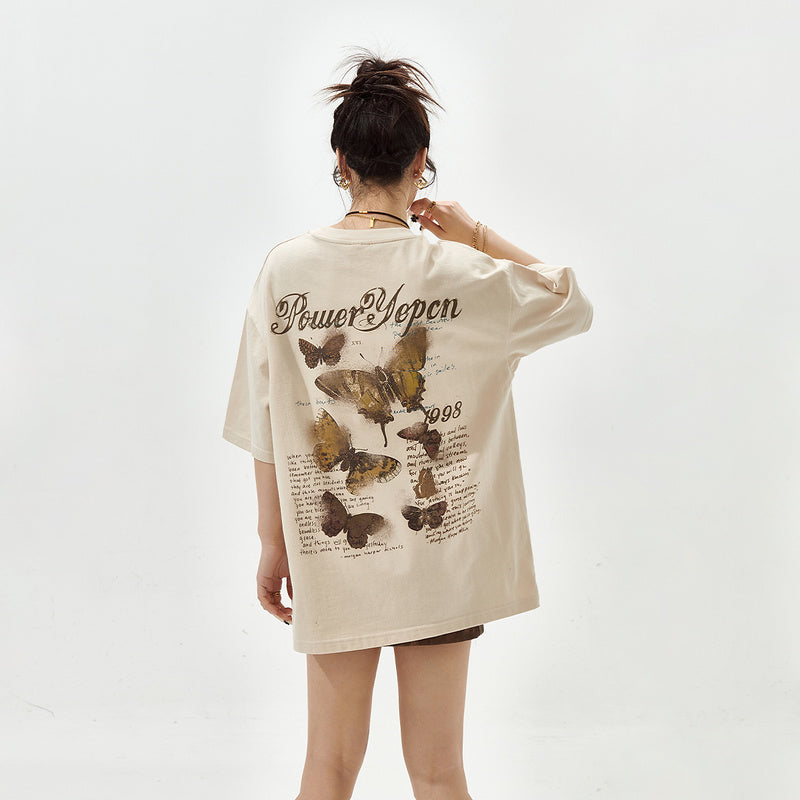 復古蝴蝶印花短袖T恤女寬鬆潮牌純棉半袖情侶上衣