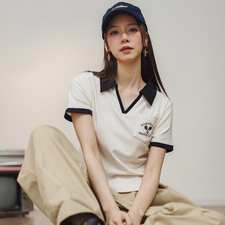 馬登女裝 復古刺繡V領Polo衫修身顯瘦口袋T恤小眾設計感撞色上衣