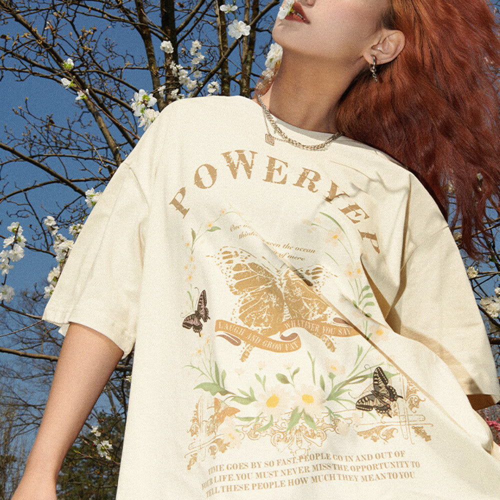 美式復古短袖T恤女潮牌寬鬆上衣設計感小眾純棉情侶T恤