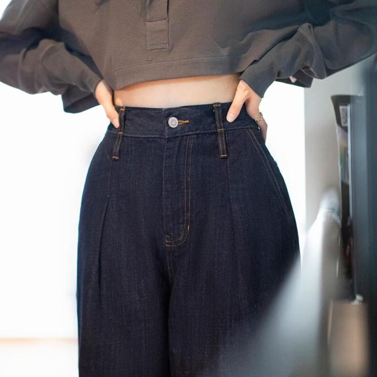 馬登女裝 美式復古水洗藍牛仔闊腿褲直筒休閒高腰顯瘦瀑布褲