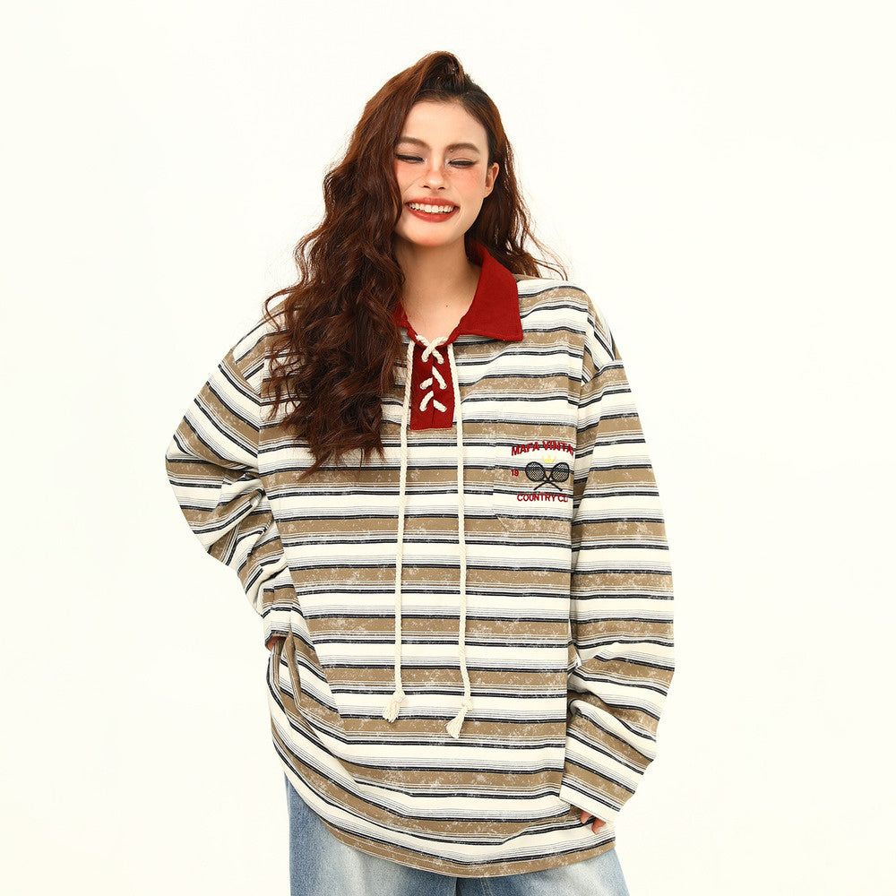 美式復古學院風條紋長袖Polo衫撞色氛圍感Oversize翻領情侶上衣