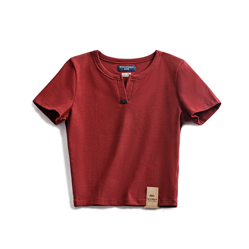 馬登女裝 美式亨利衫短袖正肩修身純棉T恤內搭打底衫短款辣妹上衣