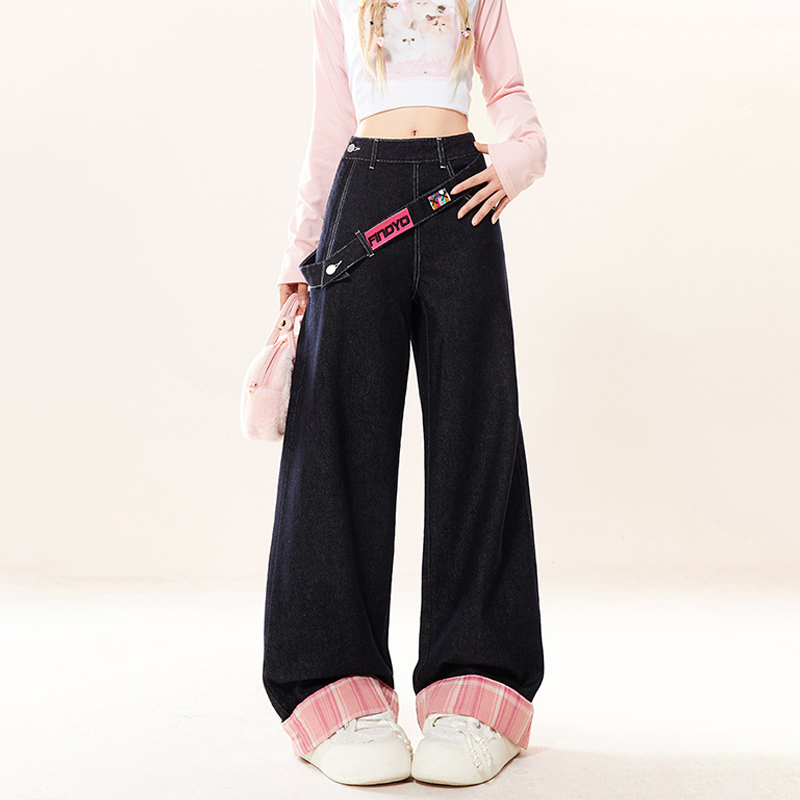 美式復古侧边拉链牛仔裤設計感可拆卸腰帶格紋拼接阔腿裤