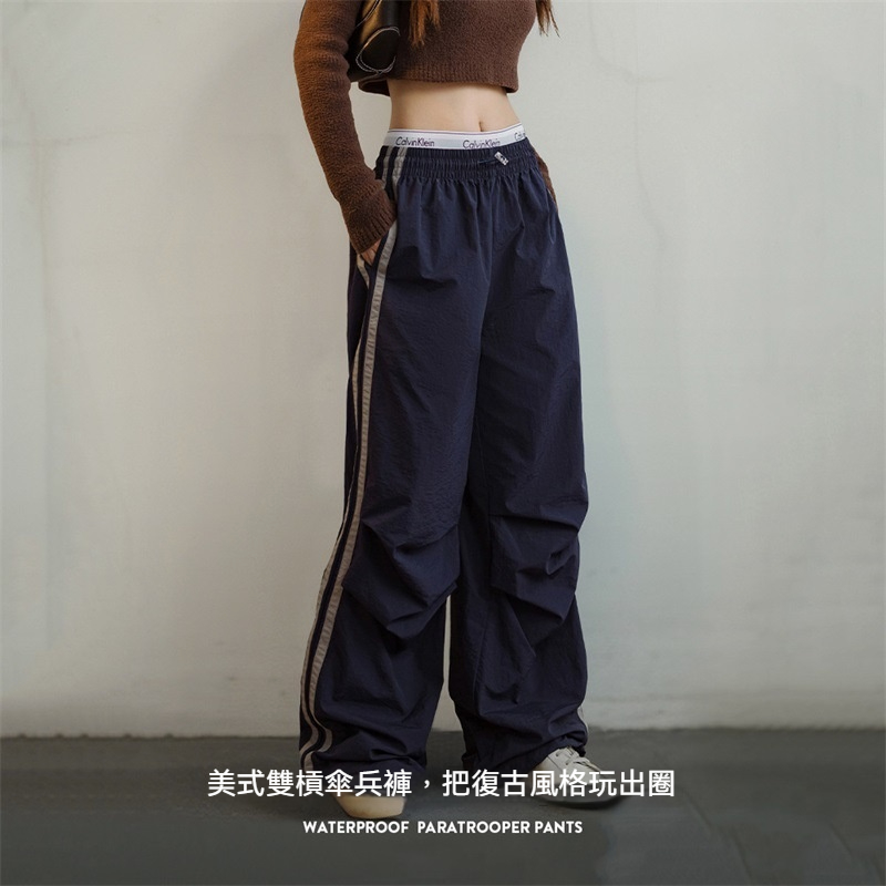 馬登女裝 美式條紋傘兵褲防潑水戶外運動闊腿工裝褲街舞褲春秋