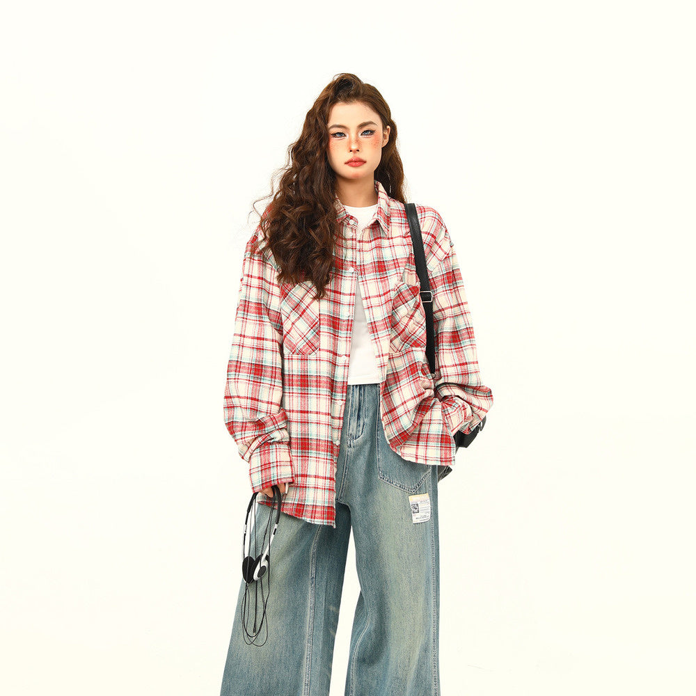 美式復古磨毛格紋長袖襯衫女秋季慵懶外穿格子寬鬆襯衣外套