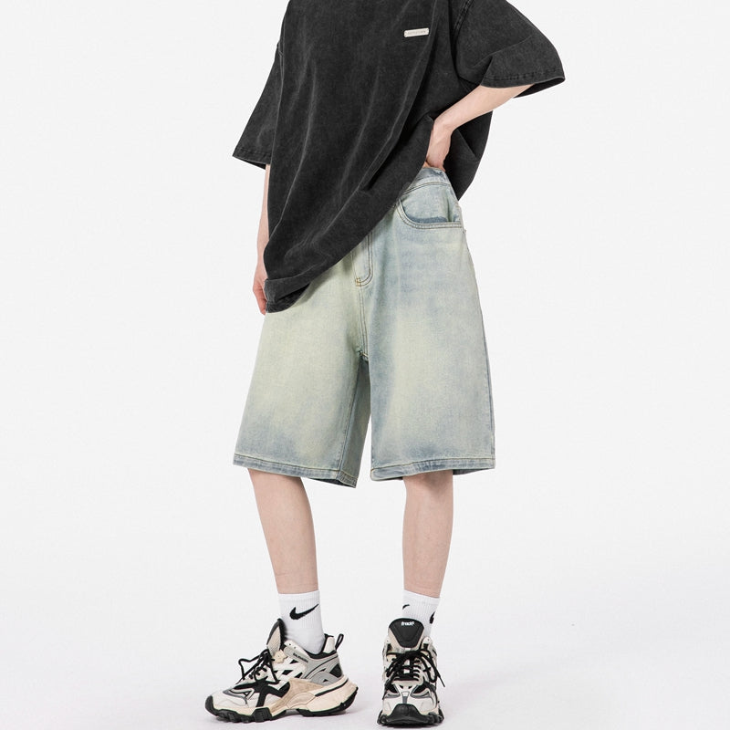 復古做舊水洗牛仔短褲女夏季寬鬆直筒顯瘦五分褲