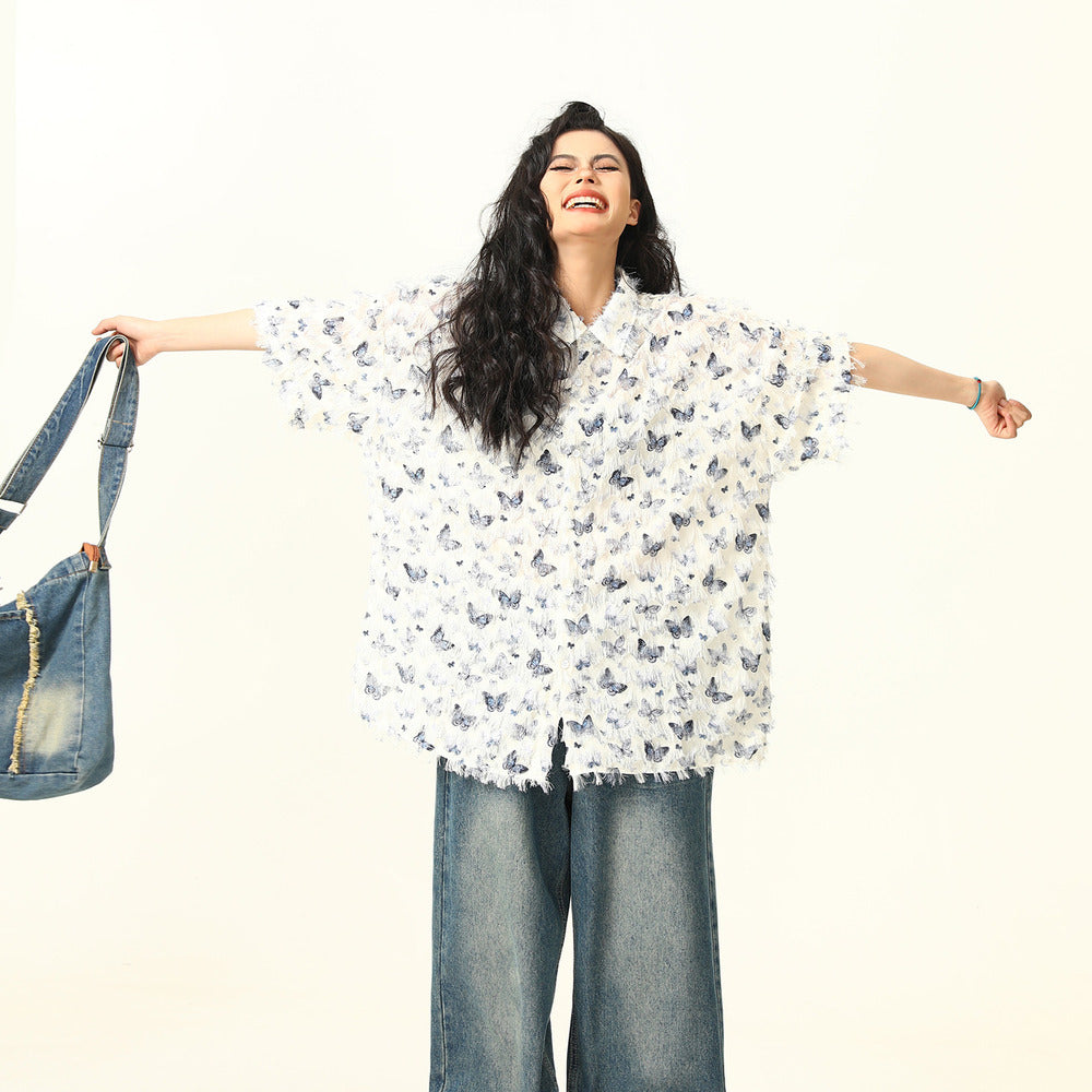 夏季新款蝴蝶流蘇設計感短袖襯衫女個性小眾寬鬆襯衣